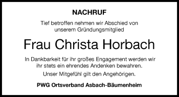 Traueranzeige von Christa Horbach von Donauwörther Zeitung