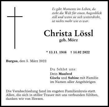 Traueranzeige von Christa Lössl von Günzburger Zeitung
