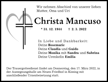 Traueranzeige von Christa Mancuso von Friedberger Allgemeine