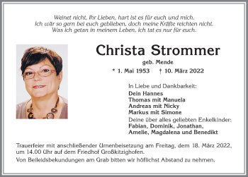 Traueranzeige von Christa Strommer von Landsberger Tagblatt, Augsburger Allgemeine