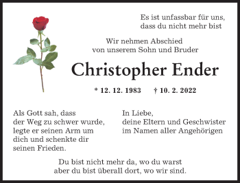 Traueranzeige von Christopher Ender von Augsburger Allgemeine