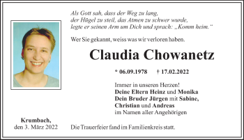 Traueranzeige von Claudia Chowanetz von Mittelschwäbische Nachrichten