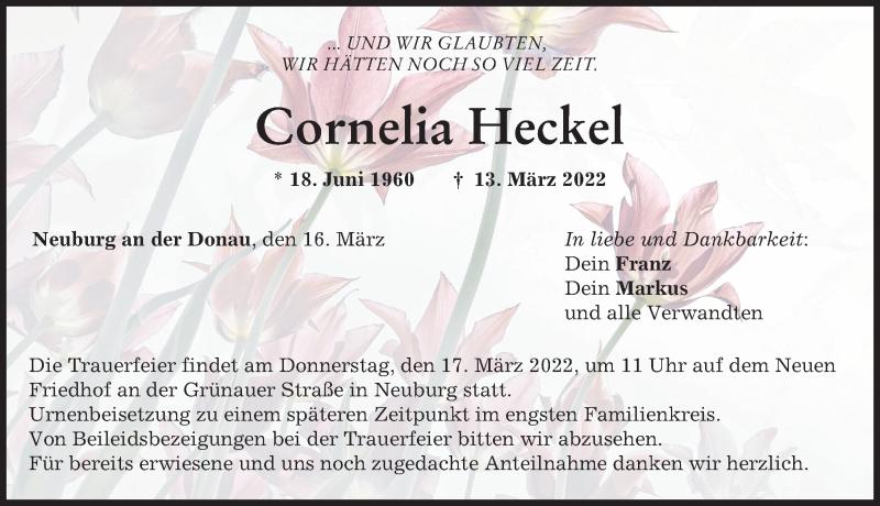  Traueranzeige für Cornelia Heckel vom 16.03.2022 aus Neuburger Rundschau