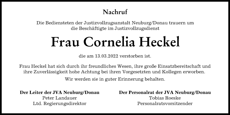 Traueranzeige für Cornelia Heckel vom 19.03.2022 aus Neuburger Rundschau