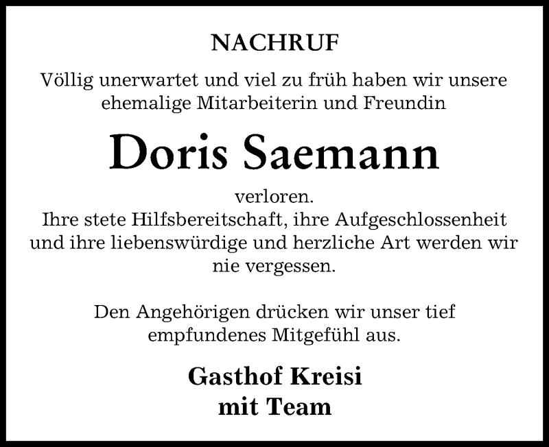  Traueranzeige für Doris Saemann vom 26.03.2022 aus Friedberger Allgemeine