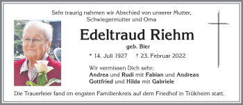 Traueranzeige von Edeltraud Riehm von Mindelheimer Zeitung