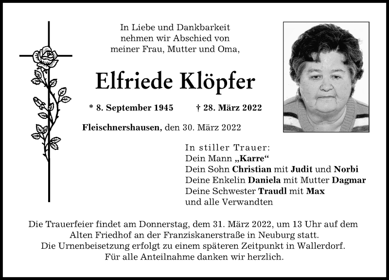  Traueranzeige für Elfriede Klöpfer vom 30.03.2022 aus Neuburger Rundschau