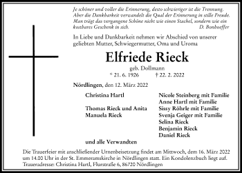 Traueranzeige von Elfriede Rieck von Rieser Nachrichten
