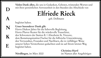 Traueranzeige von Elfriede Rieck von Rieser Nachrichten