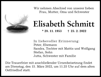 Traueranzeige von Elisabeth Schmitt von Augsburger Allgemeine