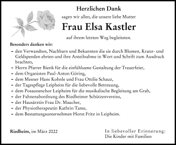 Traueranzeige von Elsa Kastler von Günzburger Zeitung