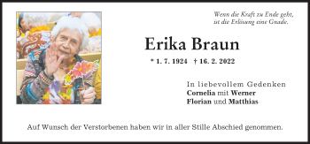 Traueranzeige von Erika Braun von Donauwörther Zeitung
