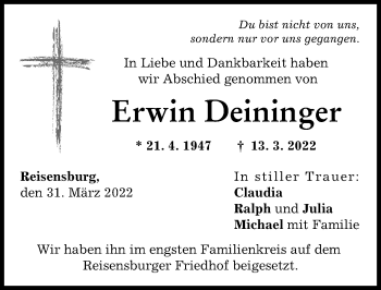 Traueranzeige von Erwin Deininger von Günzburger Zeitung