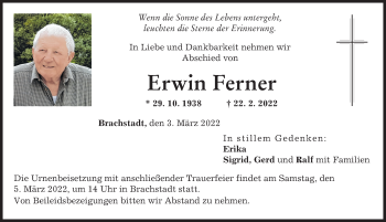 Traueranzeige von Erwin Ferner von Donauwörther Zeitung