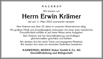 Traueranzeige von Erwin Krämer von Mindelheimer Zeitung
