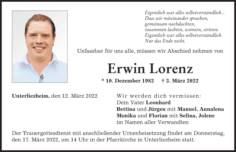  Traueranzeige für Erwin Lorenz vom 12.03.2022 aus Donau Zeitung