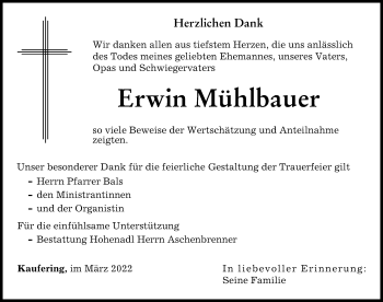 Traueranzeige von Erwin Mühlbauer von Landsberger Tagblatt