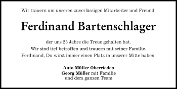 Traueranzeige von Ferdinand Bartenschlager von Mindelheimer Zeitung