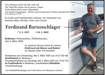 Traueranzeige von Ferdinand Bartenschlager von Mindelheimer Zeitung
