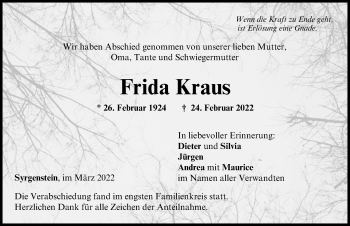 Traueranzeige von Frida Kraus von Donau-Zeitung