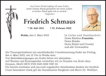 Traueranzeige von Friedrich Schmaus von Neuburger Rundschau