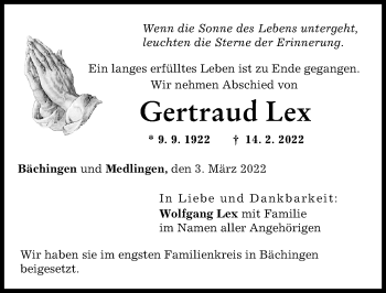Traueranzeige von Gertraud Lex von Donau Zeitung