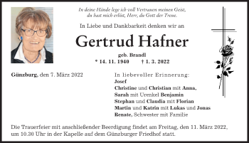 Traueranzeige von Gertrud Hafner von Günzburger Zeitung