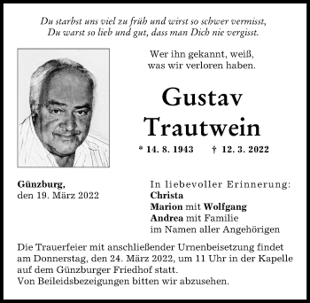 Traueranzeige von Gustav Trautwein von Günzburger Zeitung