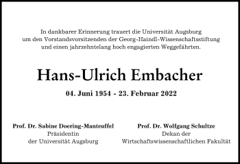 Traueranzeige von Hans-Ulrich Embacher von Augsburger Allgemeine