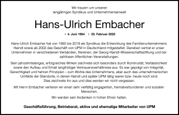 Traueranzeige von Hans-Ulrich Embacher von Augsburger Allgemeine
