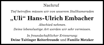 Traueranzeige von Hans-Ulrich Embacher von Augsburger Allgemeine