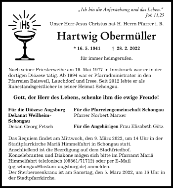 Traueranzeige von Hartwig Obermüller von Augsburger Allgemeine