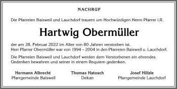 Traueranzeige von Hartwig Obermüller von Mindelheimer Zeitung, Augsburger Allgemeine