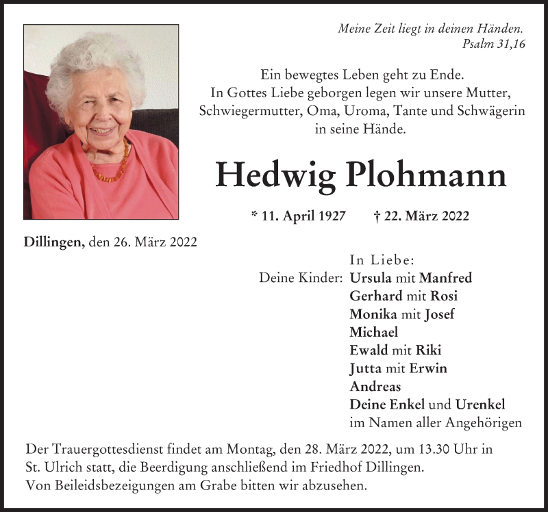  Traueranzeige für Hedwig Plohmann vom 26.03.2022 aus Donau Zeitung