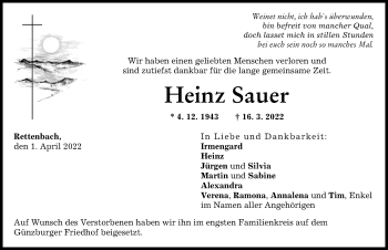 Traueranzeige von Heinz Sauer von Günzburger Zeitung