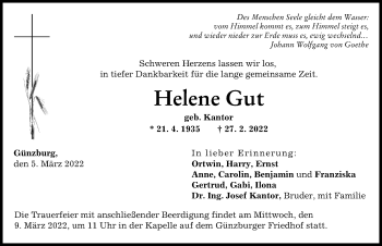 Traueranzeige von Helene Gut von Günzburger Zeitung