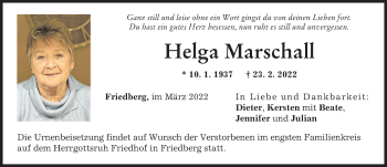 Traueranzeige von Helga Marschall von Friedberger Allgemeine