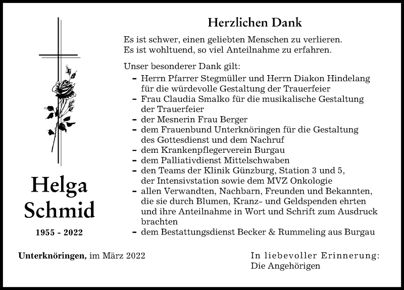  Traueranzeige für Helga Schmid vom 19.03.2022 aus Günzburger Zeitung