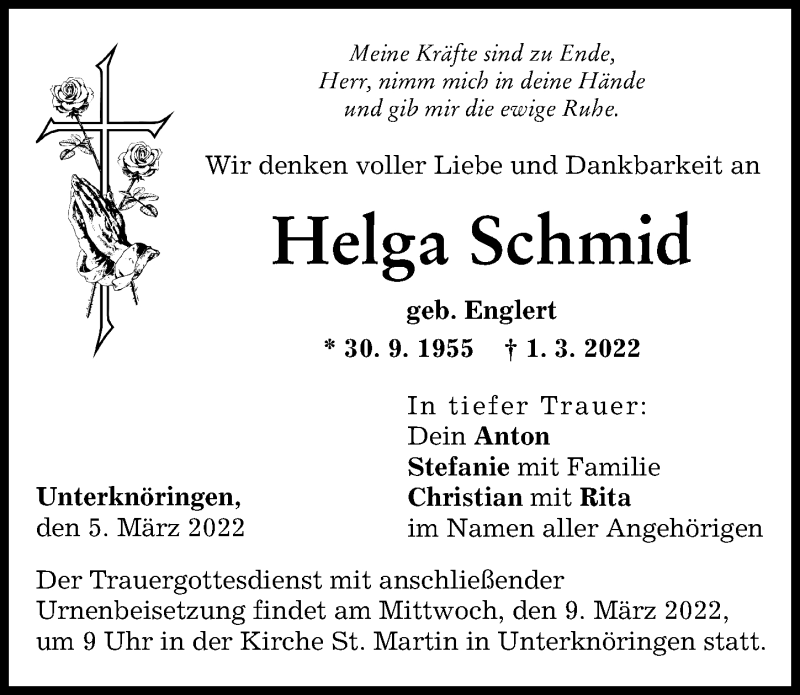  Traueranzeige für Helga Schmid vom 05.03.2022 aus Günzburger Zeitung