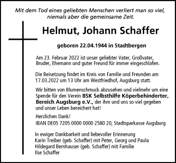 Traueranzeige von Helmut Johann Schaffer von Augsburger Allgemeine