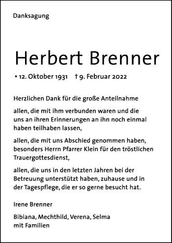 Traueranzeige von Herbert Brenner von Augsburger Allgemeine, Neu-Ulmer Zeitung