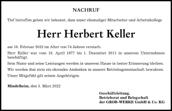 Traueranzeige von Herbert Keller von Schwabmünchner Allgemeine, Mindelheimer Zeitung