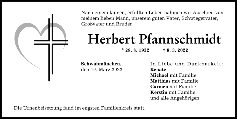  Traueranzeige für Herbert Pfannschmidt vom 19.03.2022 aus Schwabmünchner Allgemeine