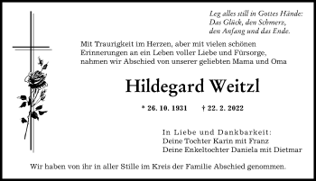 Traueranzeige von Hildegard Weitzl von Augsburger Allgemeine