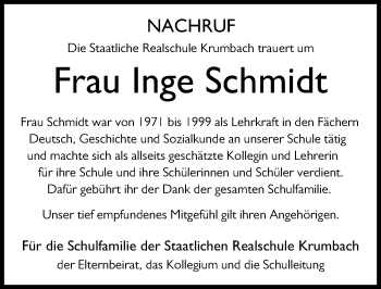 Traueranzeige von Inge Schmidt von Mittelschwäbische Nachrichten