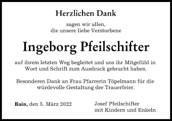 Traueranzeige von Ingeborg Pfeilschifter von Donauwörther Zeitung