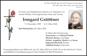 Traueranzeige von Irmgard Gstöttner von Mindelheimer Zeitung