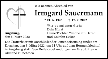 Traueranzeige von Irmgard Sauermann von Augsburger Allgemeine