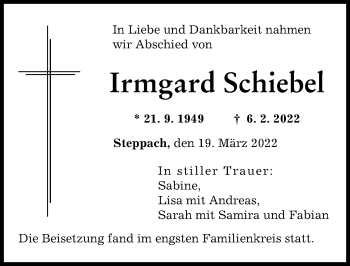Traueranzeige von Irmgard Schiebel von Augsburger Allgemeine