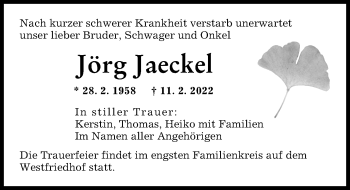 Traueranzeige von Jörg Jaeckel von Augsburger Allgemeine
